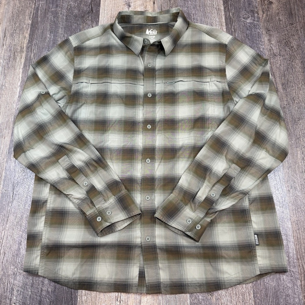 REI Co-Op Plaid Button Down Shirt Mens Large Green Brown Nylon Stretch Hiking